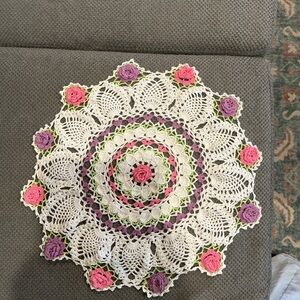 Crochet Doily with Pink and Purple roses